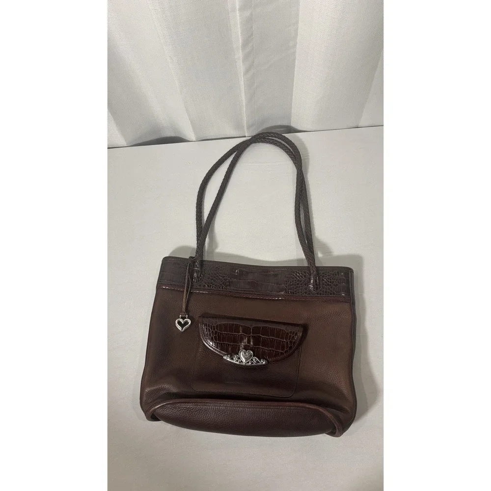 Brighton Handbag Brown Embossed‎ Alligator & Leather Braided Handles Charm